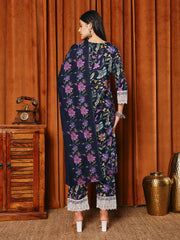 Floral Parinted Cotton Blend Kurta With Pants & Dupatta