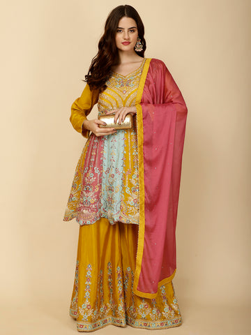 Embroidery Crepe Suit Set With Dupatta & Sharara