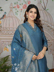 Embroidered Tissue Kurta With Pants & Dupatta