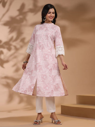 Floral Printed Cotton Kurti With Pants