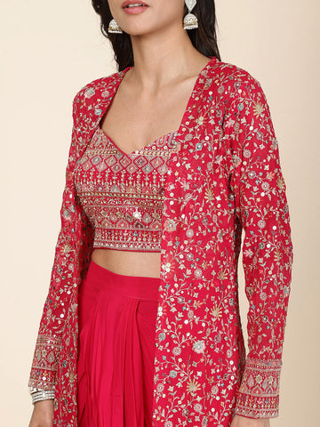 Zari Jaal Embroidered Georgette Kurta With Skirt & Dupatta