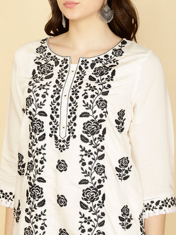Resham Embroidery Cotton Kurta With Pants & Dupatta