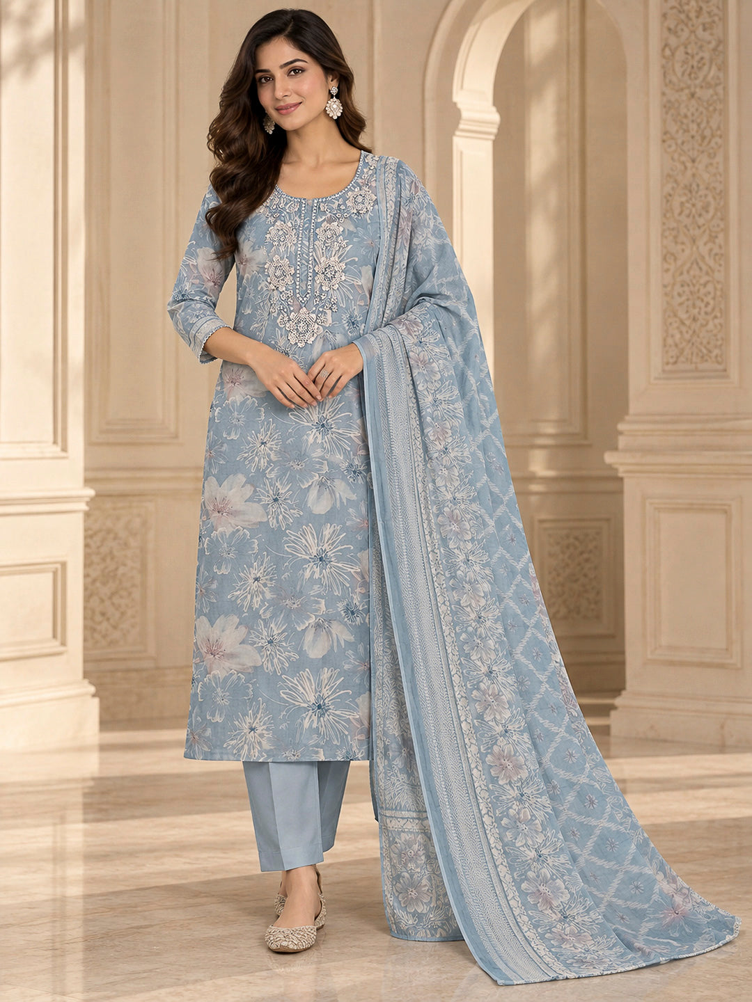 Grey Lt Cotton Blend Embroidered Unstitched Dress Material – Meenabazaar
