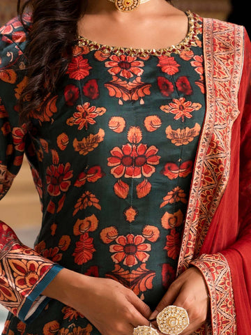 Printed Art Silk Anarkali Suit Set With Dupatta