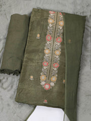 Embroidered Chanderi Unstitched Suit With Pant & Dupatta