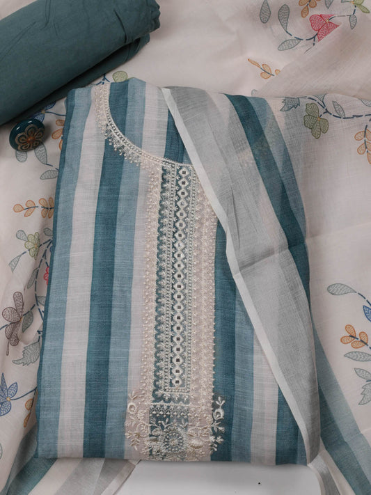 Striped Printed Linen Unstitched Suit Piece With Dupatta