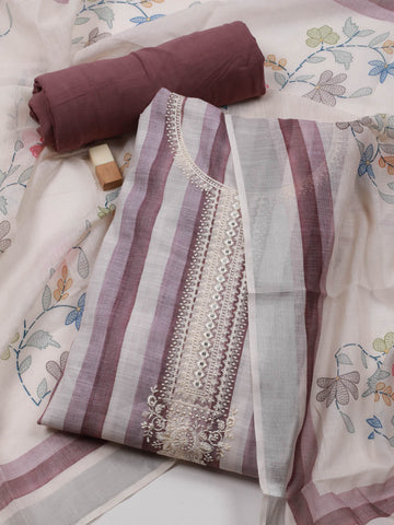 Striped Printed Linen Unstitched Suit Piece With Dupatta