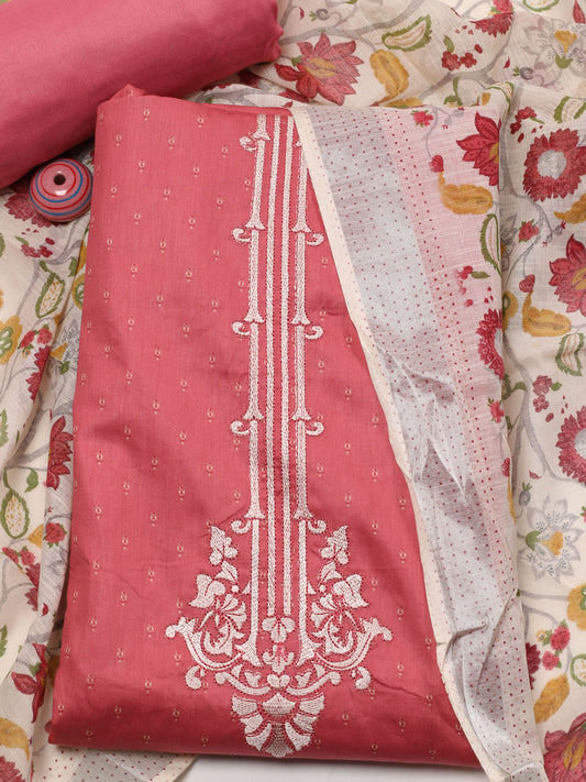 Embroidery Cotton Unstitched Suit Piece With Printed Dupatta