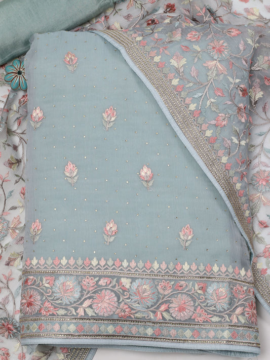 Resham Embroidered Chiffon Unstitched Suit Piece With Dupatta