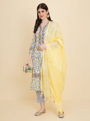 Floral Printed Cotton Kurta With Pants & Dupatta