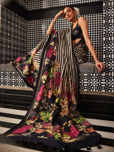 Digital Floral Printed Stripes Tussar Saree