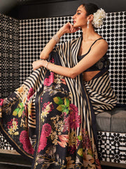 Digital Floral Printed Stripes Tussar Saree