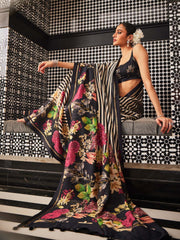 Digital Floral Printed Stripes Tussar Saree
