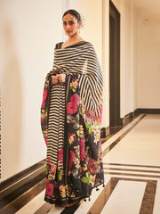 Digital Floral Printed Stripes Tussar Saree