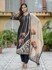 Printed Embroidered Art Silk Kurta With Pants & Dupatta