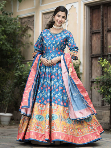 Printed Art Silk Anarkali Suit Set With Dupatta