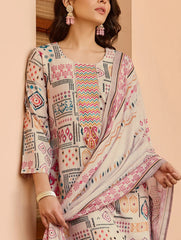 Printed Cotton Blend Kurta With Pants & Dupatta