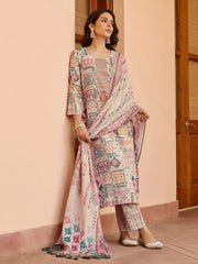 Printed Cotton Blend Kurta With Pants & Dupatta