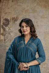 Embroidered Cotton Kurta With Pant & Dupatta
