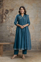 Embroidered Cotton Kurta With Pant & Dupatta