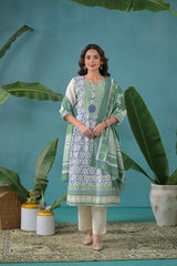 Embroidered Cotton Kurta With Pant & Dupatta