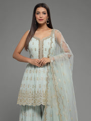 Zari Embroidered Georgette Kurti With Garara & Dupatta (Potli Not Included)