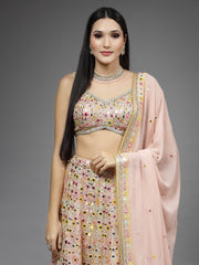 Mirror Embroidered Georgette Choli With Lehenga & Dupatta