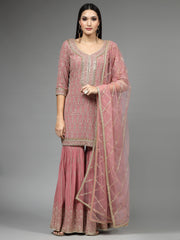 Embroidered Georgette Kurti With Sharara & Dupatta
