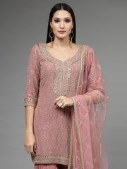 Embroidered Georgette Kurti With Sharara & Dupatta