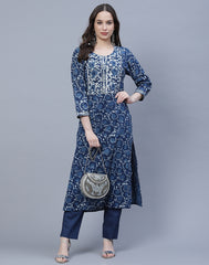 Indigo Cotton Printed Kurta Pant Set