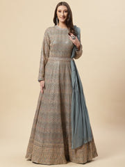 Sequin Embroidered Georgette Anarkali Kurta With Churidar & Dupatta