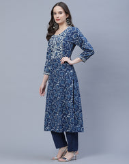 Indigo Cotton Printed Kurta Pant Set