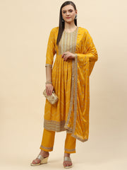 Digital Printed Cotton Kurta With Pants & Dupatta