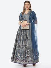 Digital Floral Printed Art Tussar Choli With Lehenga & Net Dupatta