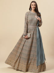 Sequin Embroidered Georgette Anarkali Kurta With Churidar & Dupatta