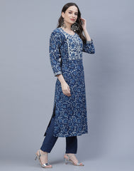Indigo Cotton Printed Kurta Pant Set