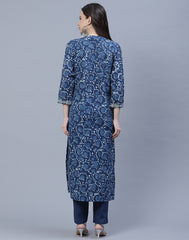 Indigo Cotton Printed Kurta Pant Set