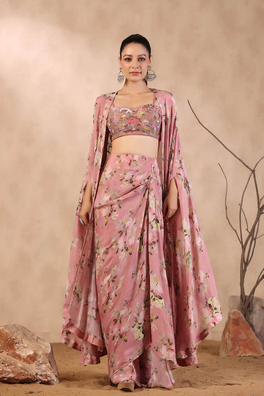 Floral Printed Crepe Cape And Dhoti Skirt Set