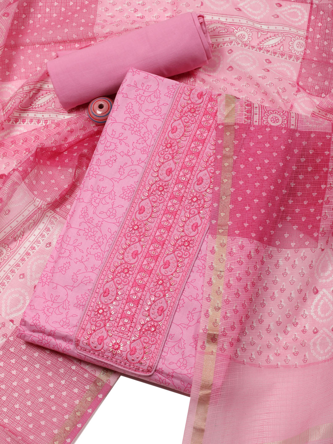 Neck Embroided Cotton Blend Unstitched Suit With Dupatta