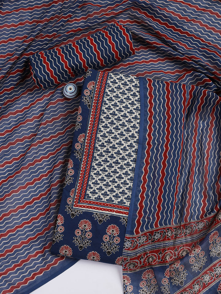 Printed Cotton Blend Unstitched Suit With Dupatta