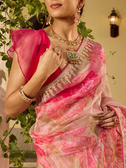 Sequin Embroidery & Printed Organza Saree