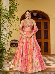 Printed Organza Choli With Lehenga & Dupatta