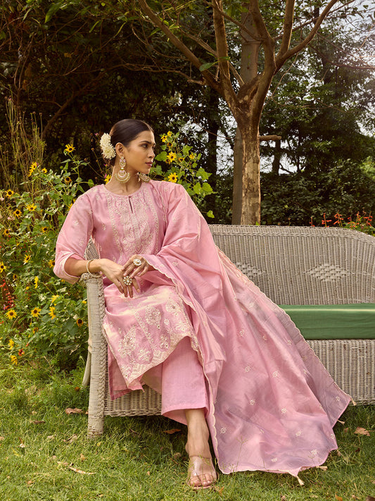 Resham Embroidered Chanderi Suit Set With Dupatta
