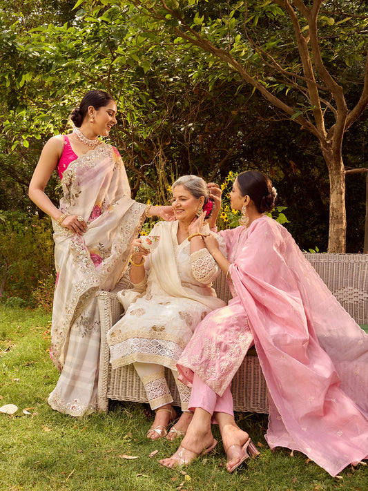 Printed Organza Saree and Resham Embroidered Chanderi Suit Set with Dupatta (Pack of 3)