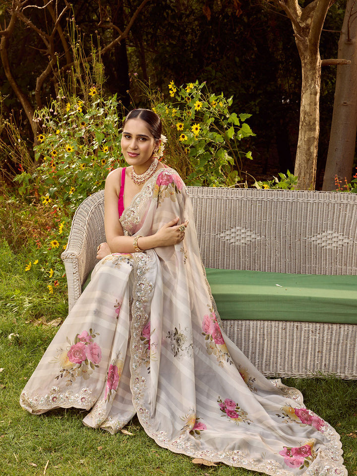 Sequin Embroidery &amp; Printed Organza Saree