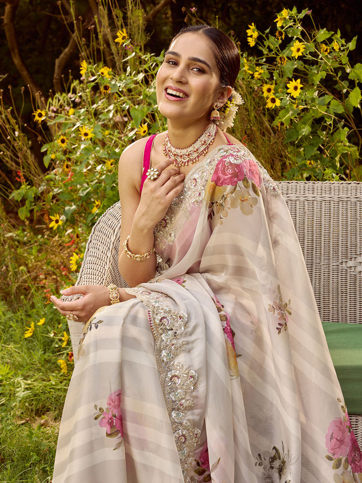 Sequin Embroidery &amp; Printed Organza Saree