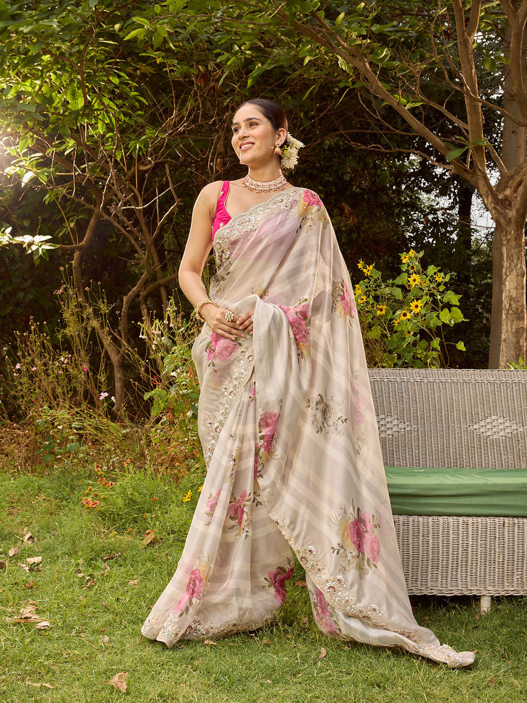 Sequin Embroidery &amp; Printed Organza Saree