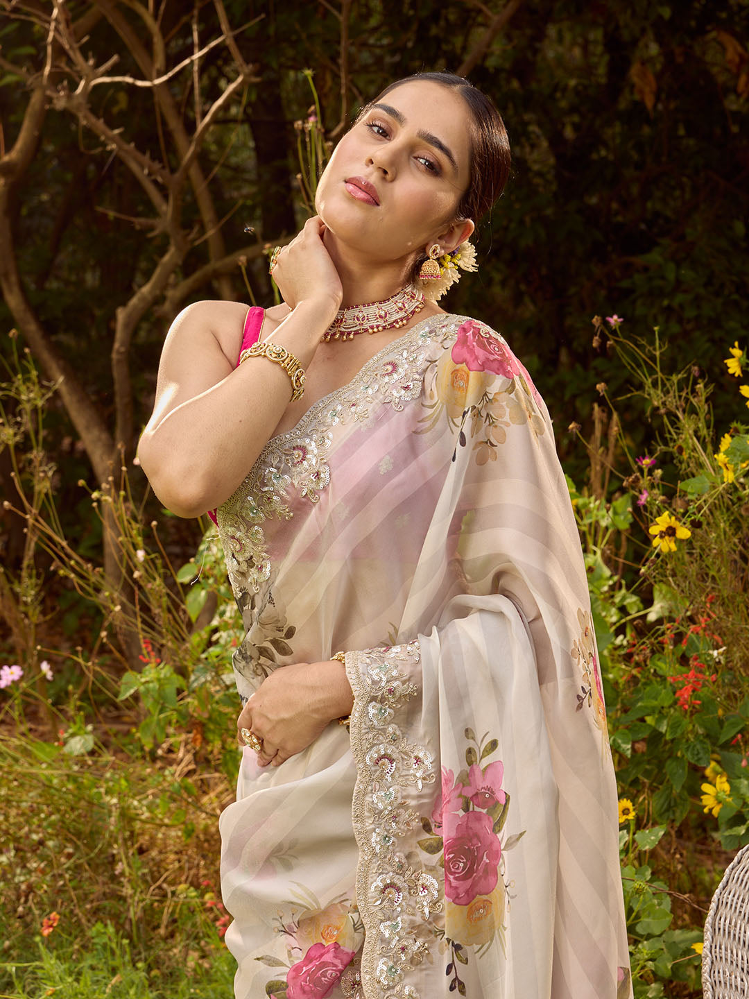 Sequin Embroidery &amp; Printed Organza Saree