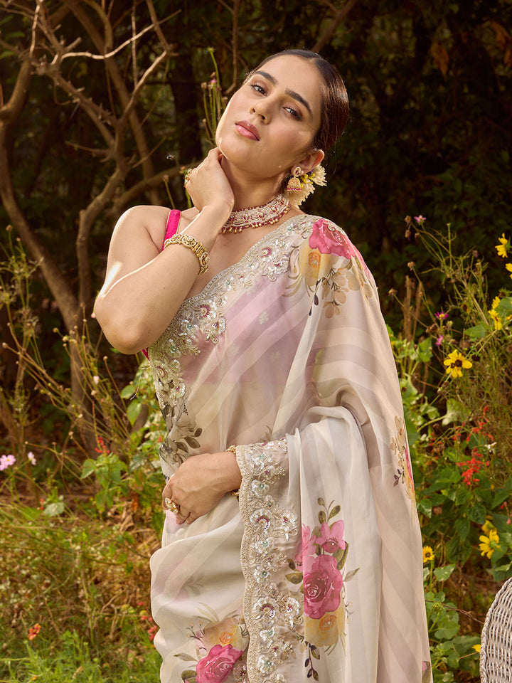 Sequin Embroidery &amp; Printed Organza Saree