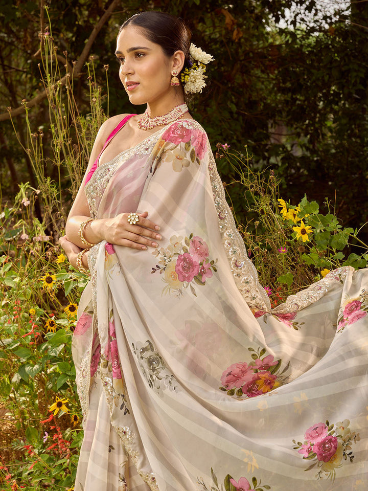 Sequin Embroidery &amp; Printed Organza Saree